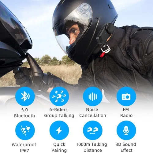 Vista 2 de QSPORTPEAK M2 - Intercomunicador de auriculares Bluetooth para casco de motocicleta, dúplex completo, inalámbrico para 6 conductores/alcance 3,280.8