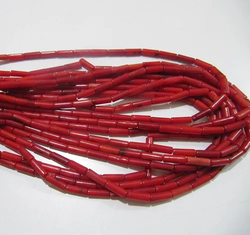 Vista 2 de Cuentas de coral rojo perforadas largas de calidad muy agradable, cuentas de coral rojo fuego en forma de tubo, tamaño 0.157 x 0.315 in disponible