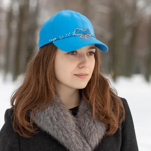 Vista 2 de Genuine 100% Leather light Blue Hip Hop Bling Streetwear Baseball Cap Hat Ladies Teens