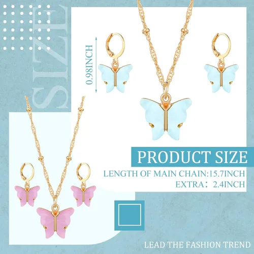 Vista 2 de Sasylvia Juego de 18 aretes de collar de mariposa acrílica, collar con colgante de mariposa acrílica, aretes de mariposa, juego de joyas de mariposa