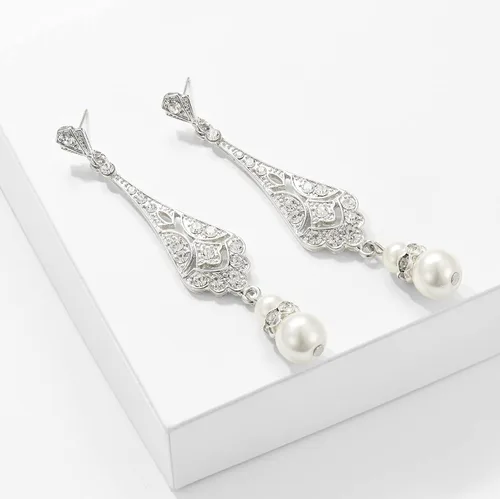 Vista 3 de Pendientes de perlas vintage de los años 20, aretes Art Deco de los años 20, joyería de la aleta de los años 20, aretes colgantes de boda, regalo