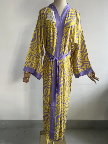 Vista 6 de RanRui Kimono de playa con estampado de cebra amarilla, holgado, frente abierto, bata de algodón, bata de traje de baño para mujer, bata de plumero