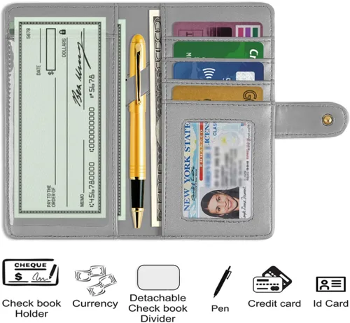 Vista 4 de LOLOMLO Cubierta de cuero de la PU para registrar cheques duplicados, soporte de chequera de bloqueo RFID, Cloud gris, Estilo Billetera