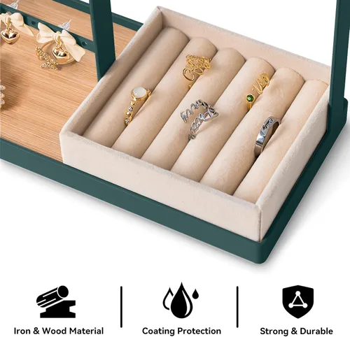 Vista 4 de Soporte organizador de joyas con soporte de terciopelo para anillos, organizador de joyas de 4 niveles con 15 ganchos, organizador de collares