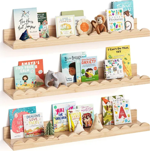 Vista 9 de G&W Gruwald Juego de 3 estantes para libros de guardería, decoración de guardería para bebés y niños pequeños, estantes festoneados, estante