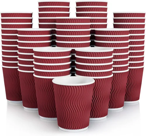 Vista 10 de JollyPack Paquete de 60 tazas de café de papel de 12 onzas, vasos desechables de color rojo vino con pared ondulada aislada para café, té