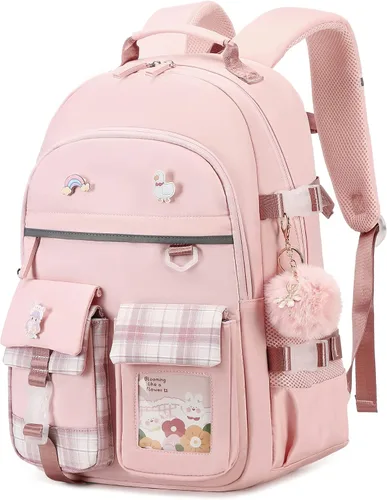 Vista 11 de Mochila para niñas de 15.6 pulgadas para laptop, bolsa escolar para niños de primaria y universidad, mochilas y bolsos escolares para niñas Beige