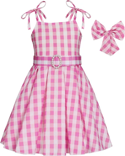 Vista 8 de Sukyfecde Disfraz de princesa rosa de la película 2023 para niñas, traje de Halloween con accesorios de 2 a 12 años