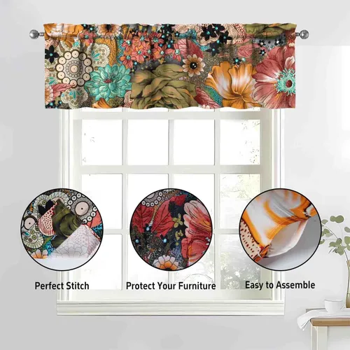 Vista 2 de Juegos de cortinas bohemias de cocina para ventanas, cortina bohemia con flores, cenefa para ventana de fregadero, juego de 3 piezas, decoración