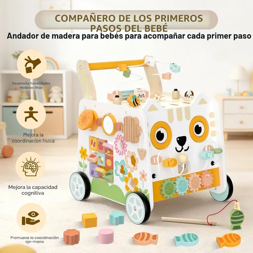 Vista 5 de Weilim Wooden Baby Push Walker with Activity Center, Montessori Toy 12M+
