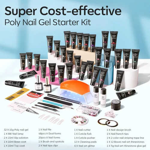 Vista 4 de Modelones Kit de uñas de polygel de 133 piezas, kit de gel para extensiones de uñas de 32 colores en primavera rosa pastel con lámpara de uñas, capa