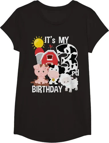 Vista 6 de Camiseta con diseño de animales de granja con texto en inglés "It's My 3rd Birthday" Negro