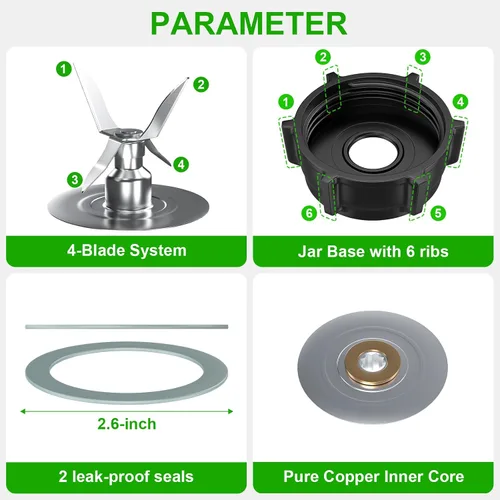 Vista 3 de Piezas de repuesto para cuchilla de licuadora Oster compatibles con licuadora Oster con tapa base de tarro de plástico ABS y 2 juntas de sello