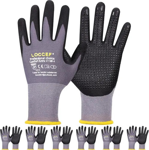Vista 7 de LOCCEF Guantes de Trabajo con Revestimiento de Nitrilo MicroFoam - 6 Pares, Resistencia Tejido Sin Costuras de Nylon, Puntos en la Palma, Guantes