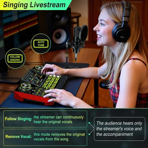 Vista 6 de TENLAMP Paquete de mezclador de audio G9 con micrófono para streaming y Transmisión fácil con reducción de ruido, efectos de voz, sintonización Azul