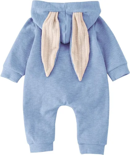 Vista 3 de AGQT Disfraz de conejo para bebé, de una pieza, con orejas de conejo 3D, disfraz de Halloween, talla 0-24 meses