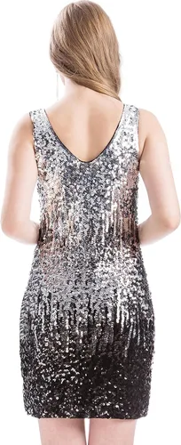 Vista 2 de MANER Vestido ajustado para mujer, degradado, de lentejuelas y purpurina, con cuello en V, sin mangas, para fiestas y el club