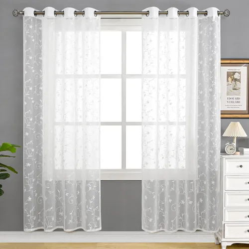 Vista 14 de BGment - Cortinas traslúcidas blancas de 84 pulgadas de largo, 2 paneles - Cortinas semitraslúcidas bordadas con patrón de hojas, cortinas con Hoja