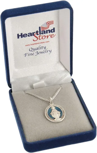 Vista 3 de Heartland - Medalla milagrosa de plata de ley ovalada con esmalte azul + fabricado en Estados Unidos + cadena de púas