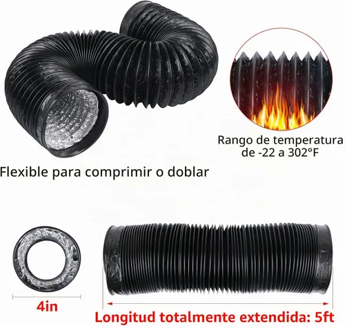 Vista 2 de Conducto de aire negro de 4 pulgadas y 5 pies, manguera de ventilación de aluminio flexible de 4.9 ft de longitud para ventilación HVAC con 2