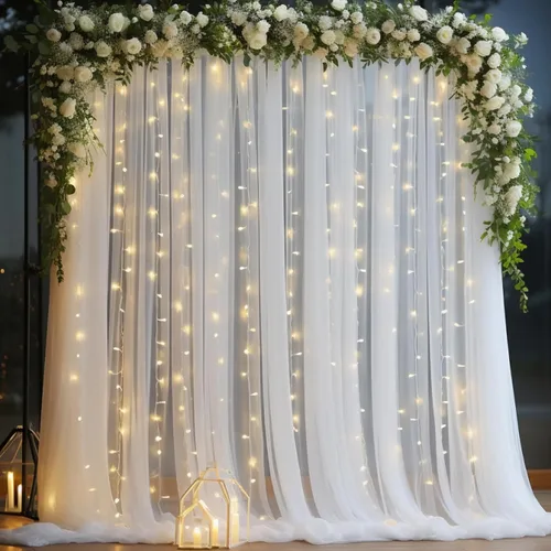 Vista 40 de Cortina de telón de fondo de tul azul bebé de 10 x 8 pies con cadena de luces para fiestas, cortinas de fondo transparentes para bodas, baby shower