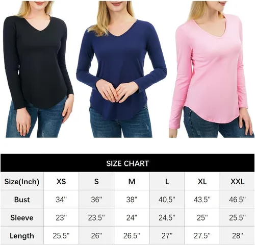 Vista 7 de Camisetas básicas de manga larga con cuello en V para mujer