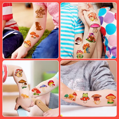 Vista 5 de (144 unidades) Calcomanías de tatuajes temporales de hongos para fiesta de hongos, suministros de decoración de fiesta de cumpleaños, regalos