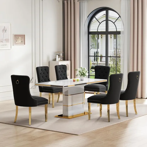 Vista 20 de Mesa de comedor moderna negra para 6 personas, mesa de cocina rectangular de 63 pulgadas con acabado lacado dorado y base de pedestal de acero