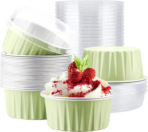 Vista 11 de EUSOAR Tazas de aluminio para hornear, paquete de 30 tazas de 5 onzas para cupcakes con tapas, moldes de pastel de 4.2 fl oz, flanes de postres