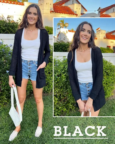 Vista 2 de STYLEWORD Suéter de moda otoñal para mujer, tejido ligero informal con la parte delantera abierta, cárdigan largo con bolsillos