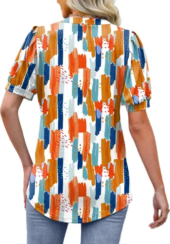 Vista 5 de OFEEFAN Blusas plisadas de manga abombada para mujer, cuello en V, holgadas, elegantes, casuales, S-3XL