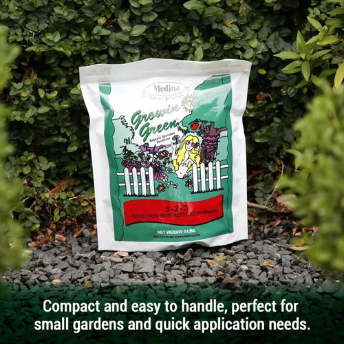 Vista 3 de Medina Growin Green Fertilizante granular orgánico – Bolsa de 5 libras – Potenciador de suelo rico en nutrientes 3-2-3 gránulos para jardines