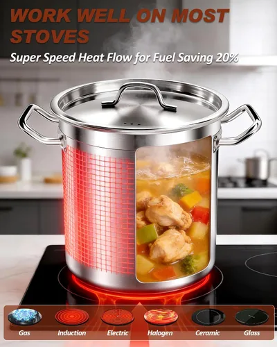 Vista 2 de Olla de 20 cuartos de galón - Olla de acero inoxidable con tapa – Olla de cocina resistente para sopa, guisado, pasta – Uso comercial y doméstico