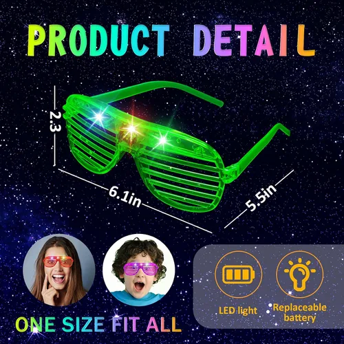 Vista 3 de Paquete de 60 lentes LED de 5 colores iluminados, suministros de fiesta que brillan en la oscuridad, persianas de obturador, lentes de sol de neón
