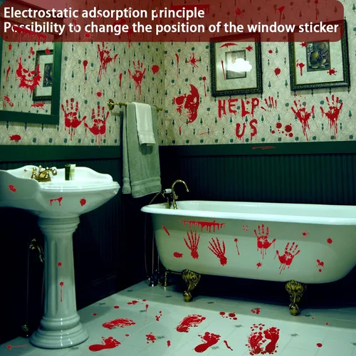 Vista 3 de Decoraciones de Halloween para ventana, 9 hojas, 90 unidades, calcomanías de huellas de manos sangrientas con 10 calcomanías de tatuaje, calcomanías