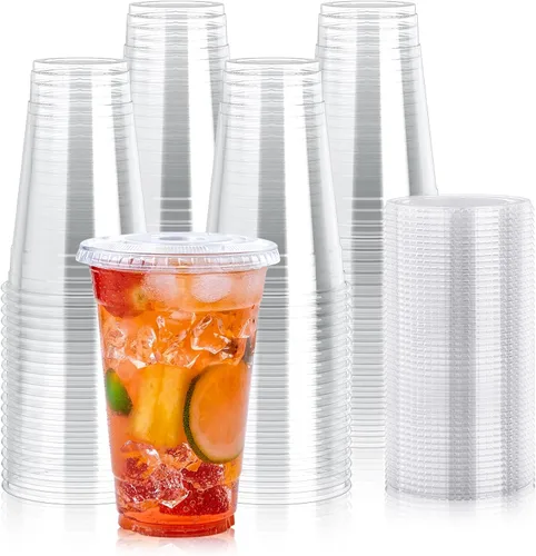 Vista 8 de Lilymicky 200 juegos de vasos de plástico transparente de 10 onzas con tapas planas, vasos desechables de 10 onzas para batidos, Slurpee o cualquier
