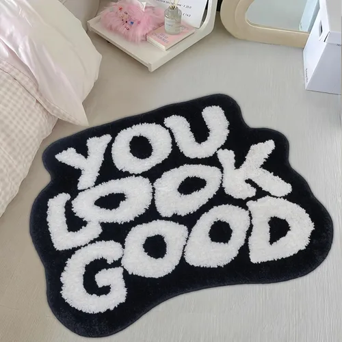 Vista 17 de Alfombra de baño negra con texto en inglés "You Look Good", alfombra de baño divertida, bonita, antideslizante, de microfibra, de felpa, pequeña