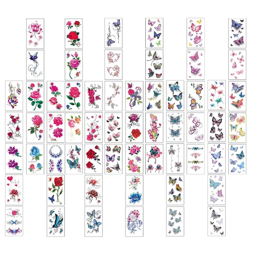 Vista 2 de 60 hojas de tatuajes temporales de flores, tatuajes de mariposas, palabras, líneas, tatuajes para adultos, hombres y mujeres