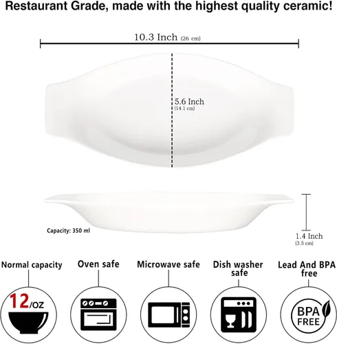 Vista 2 de Platos ovalados de cerámica para hornear gratinados de 5 x 8 pulgadas 12 OZ, juego de 4 cuencos para banana split, para porciones de 1 o 2 personas