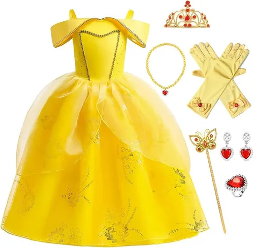 Vista 81 de FMYFWY Disfraz de princesa de Bella para niñas, disfraz de belleza y bestia, Halloween, Navidad, boda, cumpleaños (accesorios)