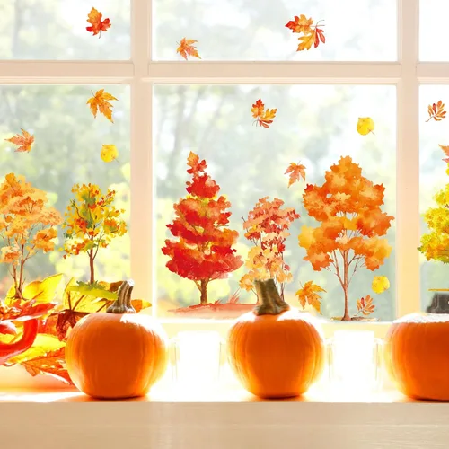 Vista 2 de KALEFO 38 calcomanías para ventana de otoño, Acción de Gracias, otoño, árbol, hojas de arce amarillas, calcomanías para ventana, calcomanías