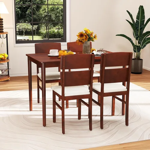 Vista 6 de Giantex Juego de mesa de comedor de 5 piezas para 4, mesa de comedor rectangular de granja con 4 sillas tapizadas, respaldo alto curvo, patas