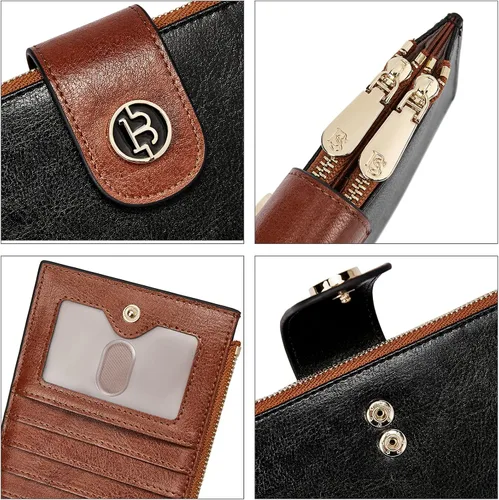 Vista 3 de BOSTANTEN Billeteras de cuero para mujer, con bloqueo RFID, delgado, plegable, tarjetero con bolsillo con cremallera