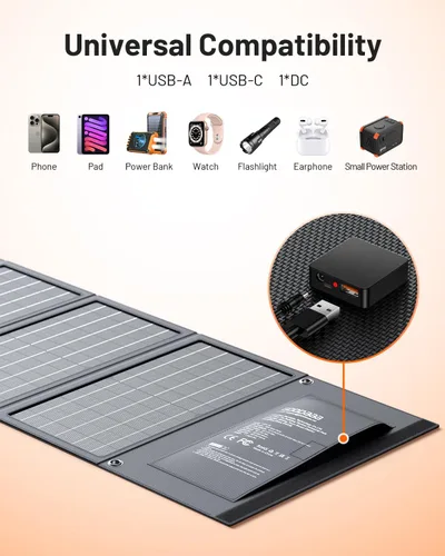 Vista 3 de GOODaaa 30W Panel Solar Portátil con Tres Salidas, Cargador Solar Plegable de Carga Rápida USB QC 3.0, Paneles Impermeables IP65 para Exteriores