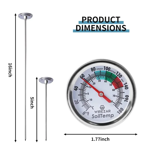 Vista 6 de Termómetro de suelo, vástago de acero inoxidable de 5 pulgadas, impermeable, fácil de leer Termómetro de temperatura del suelo para compostaje