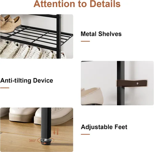 Vista 7 de Zapatero de 5 niveles con 2 cajones de tela, organizador de zapatos con estructura metálica y tablero de madera para 16-20 pares de zapatos, estante