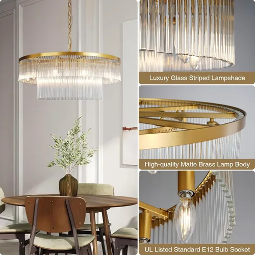Vista 4 de Candelabros de Vidrio, Candelabro de Latón de Dos Niveles con 10 Luces de 31.5" para Sala de Estar, Candelabros Modernos Redondos de Gran