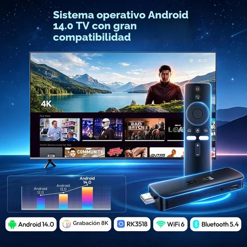 Vista 2 de Android TV Stick 4K 2026, 2GB 16GB Android 14, CPU RK3518 de cuatro núcleos, 4K HDR10+, WiFi 6 2.4G/5G de doble banda, USB 3.0, Bluetooth 5.4
