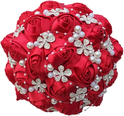 Vista 6 de S_SSOY Ramos artificiales hechos a mano con diamantes de imitación de perlas de seda para dama de honor, para novia, ramo de boda con flor
