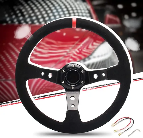 Vista 8 de 14" 350mm Volante de cuero de ante profundo, plato de 6 pernos para volante deportivo de carreras, botón de claxon de cuero azul con cable, llave